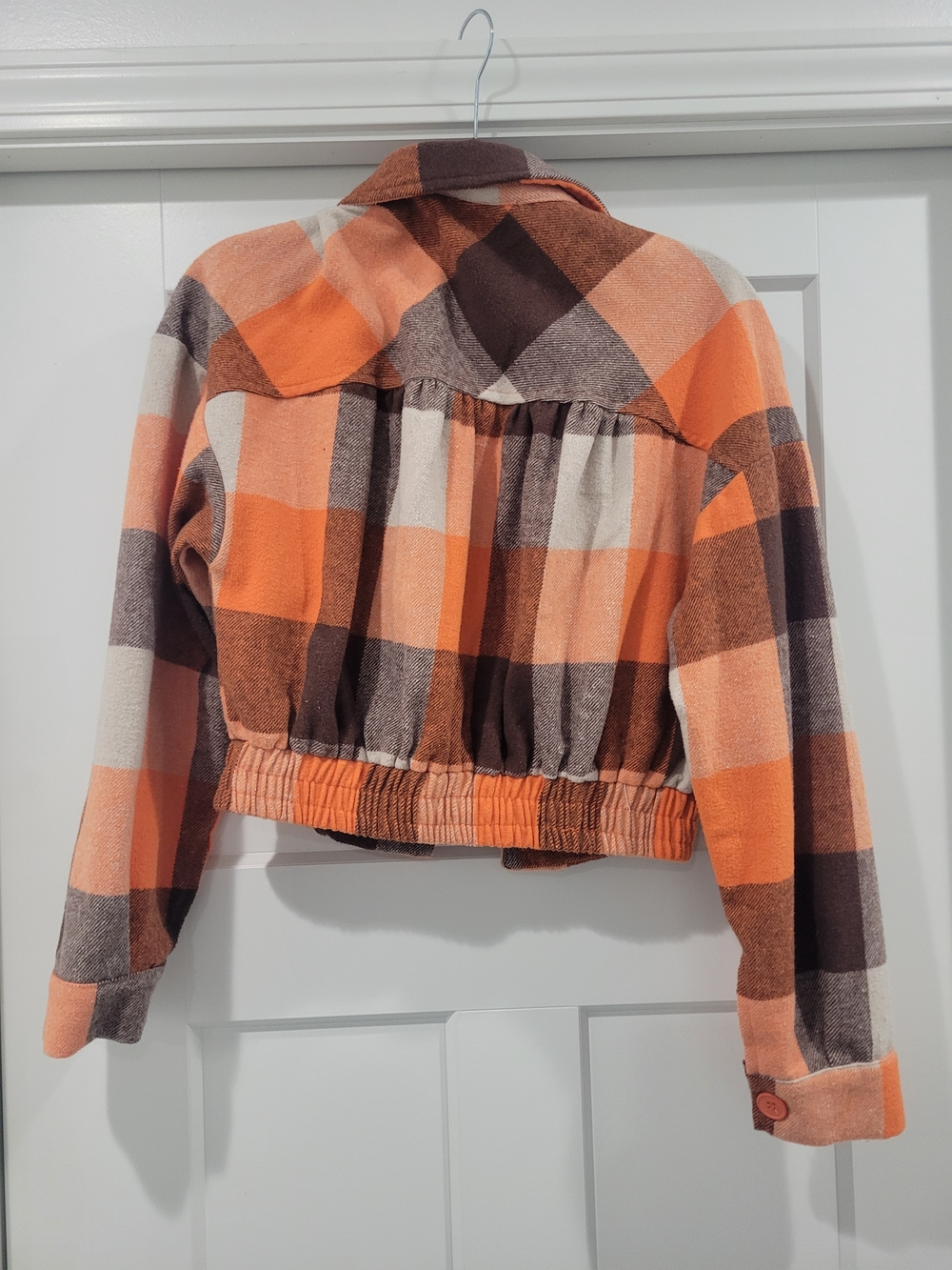 Timing Cropped Plaid Jean Shacket in Orange, Brown & Cream - Picture 2 of 14